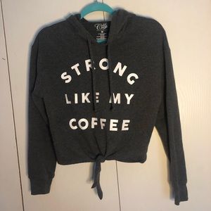 Heather gray cropped hoodie, size M, ‘Strong like my coffee’